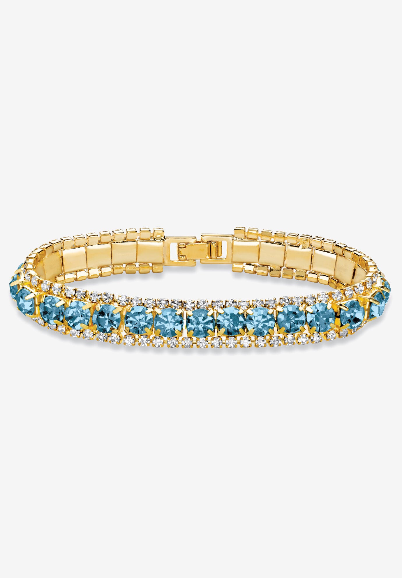 Gold Tone Tennis Bracelet (10mm), Round Birthstones and Crystal, 7 inches, MARCH, hi-res image number 0