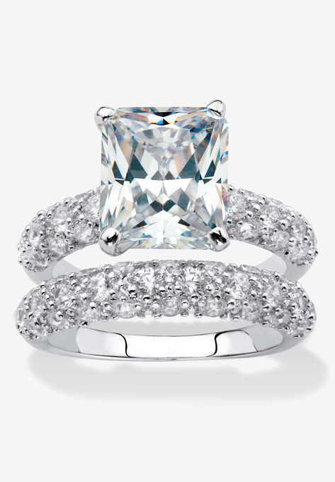 Platinum-Plated Emerald Cut Bridal Ring Set Cubic Zirconia, PLATINUM, hi-res image number null