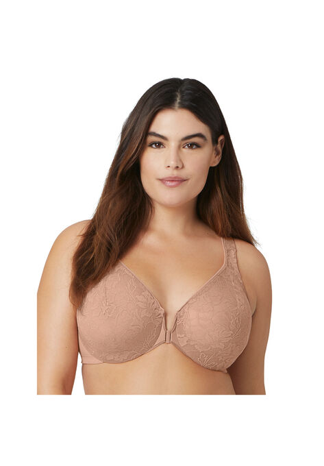 Full Figure Plus Size Lacey T-Back Front-Close WonderWire Bra Underwire 9246, CAPPUCCINO, hi-res image number null
