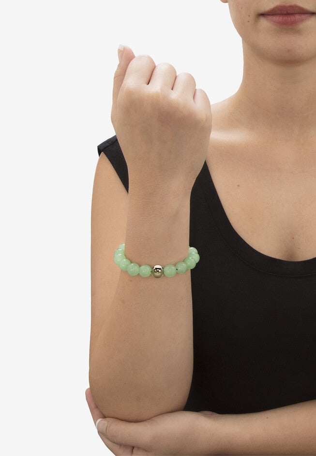 Yellow Gold Stretch Bracelet with Beaded Genuine Green Jade, 7 inches, , alternate image number 2