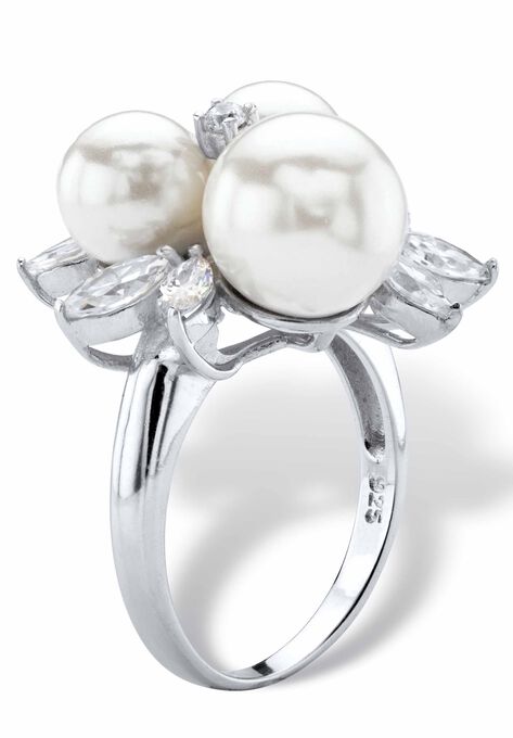 Platinum over Sterling Silver Simulated Pearl and Cubic Zirconia Ring, , on-hover image number null