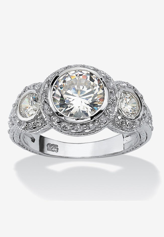 Sterling Silver Cubic Zirconia Vintage Style 3-Stone Bridal Ring, CUBIC ZIRCONIA, hi-res image number null