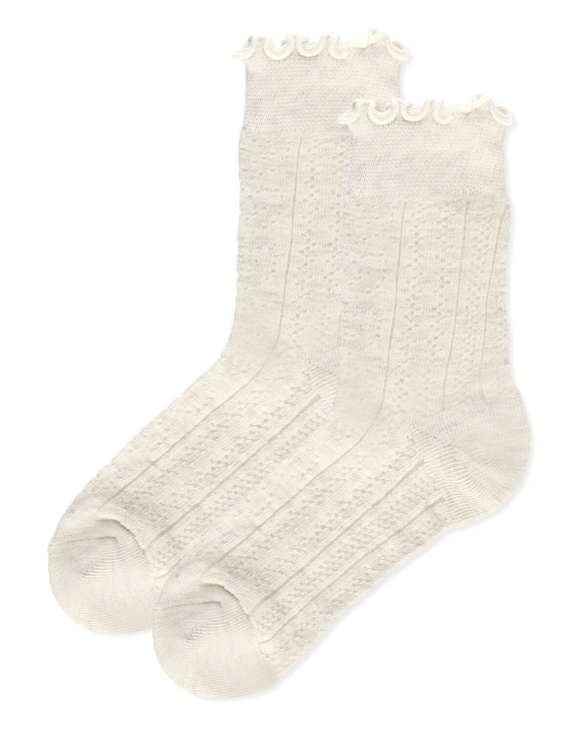 Women's Heart Ruffle Cuff Pointelle Crew Socks, WHITE, alternate image number 2