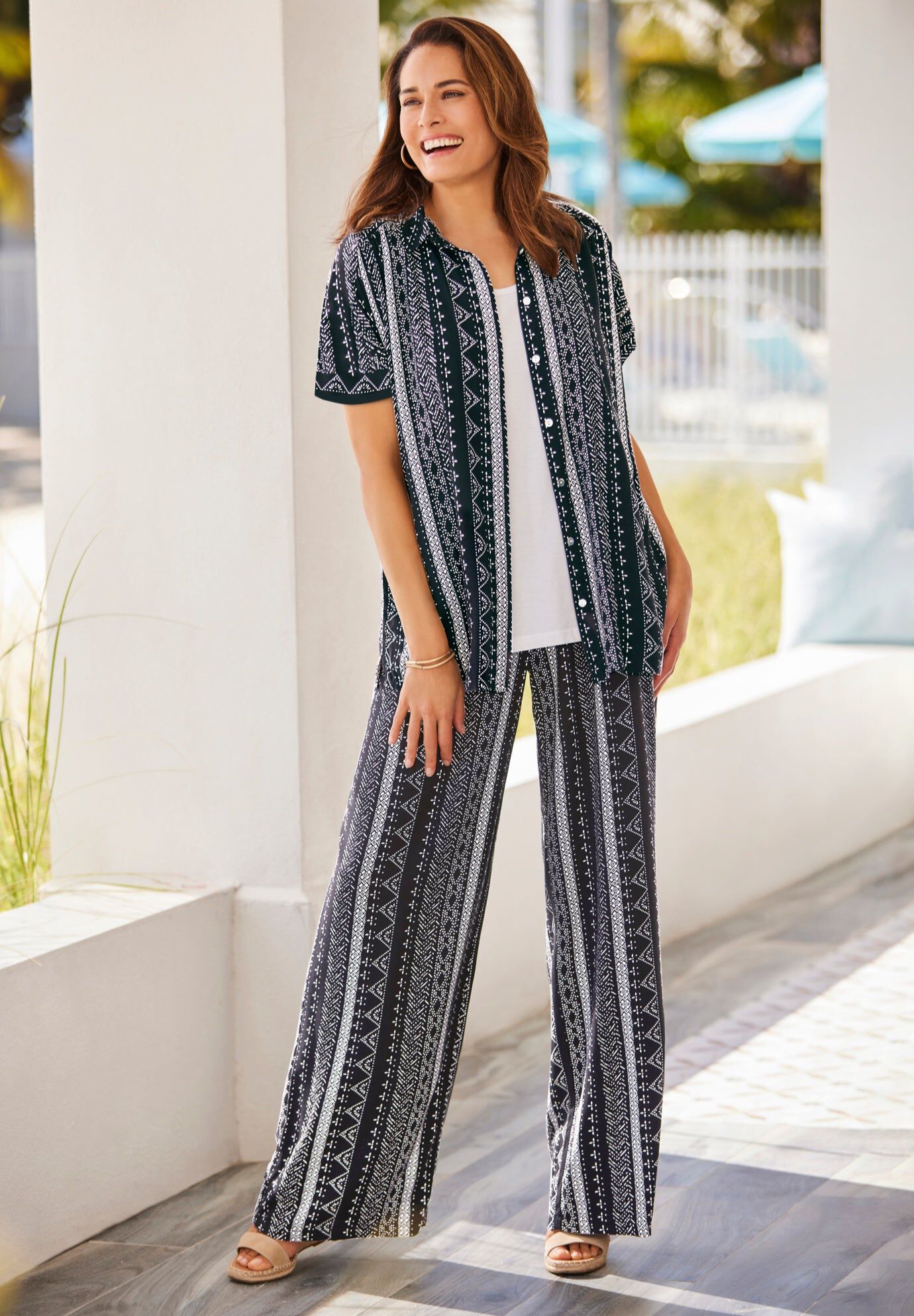 Pull-On Elastic Waist Soft Pants, BLACK BATIK STRIPE, hi-res image number 0