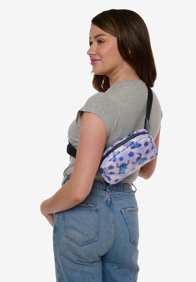 Disney Stitch Belt Bag Belt Bag Crossbody Zippered Floral All-Over Print Blue Faux Leather, , alternate image number null