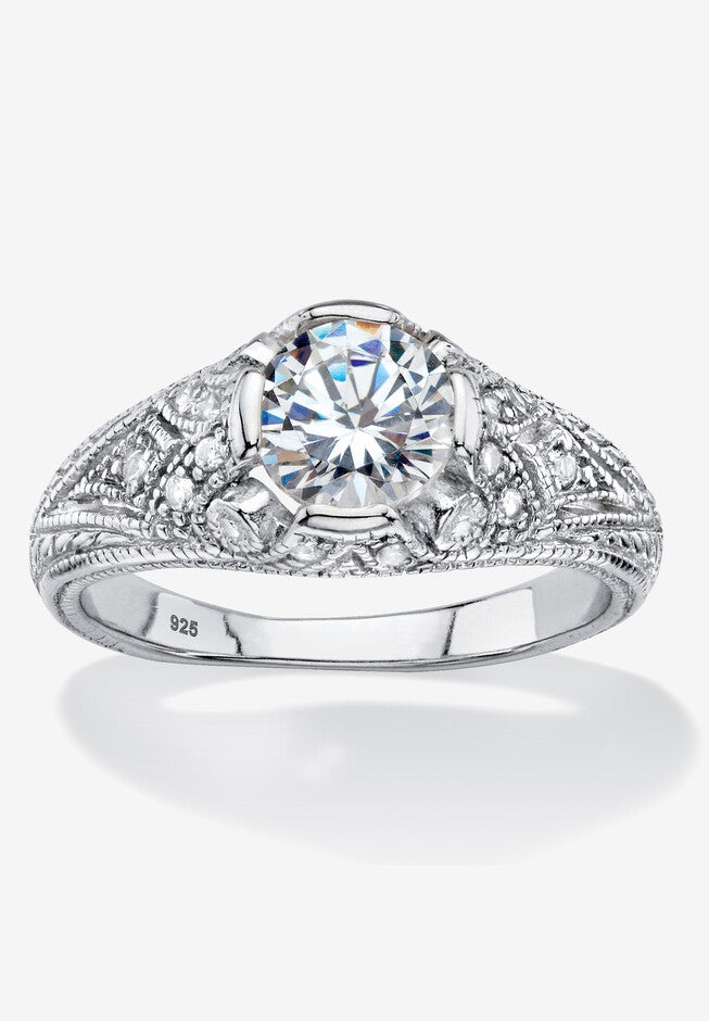 Silver Vintage Style Engagement Anniversary Ring Cubic Zirconia, SILVER, hi-res image number 0