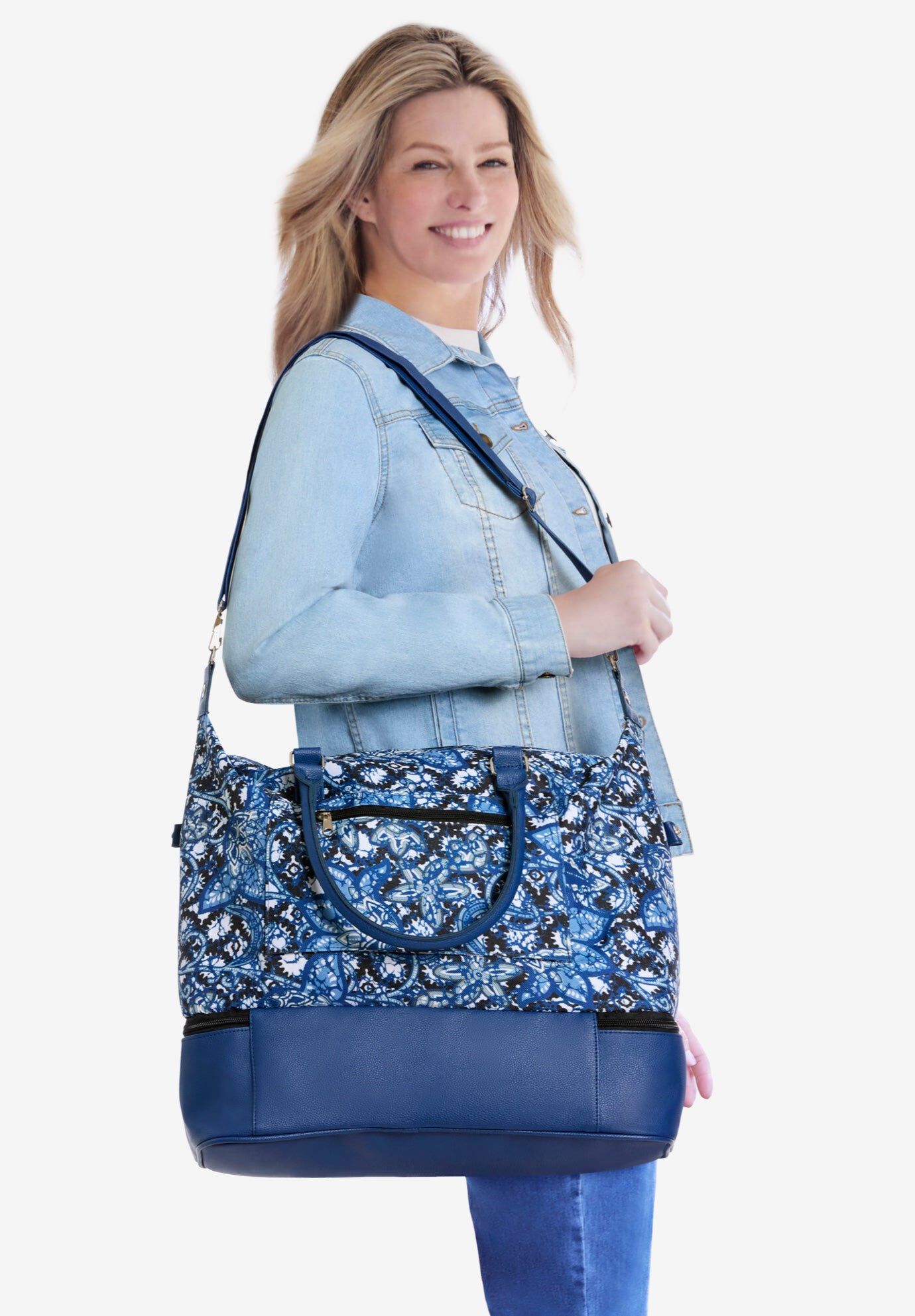 Large Tote With Shoe Compartment, BLACK BLUE BATIK, hi-res image number 0