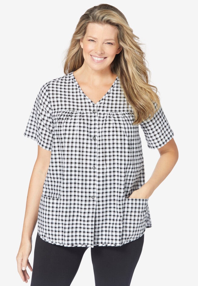 Seersucker Snap-Front Cobbler Apron, BLACK GINGHAM, hi-res image number 0