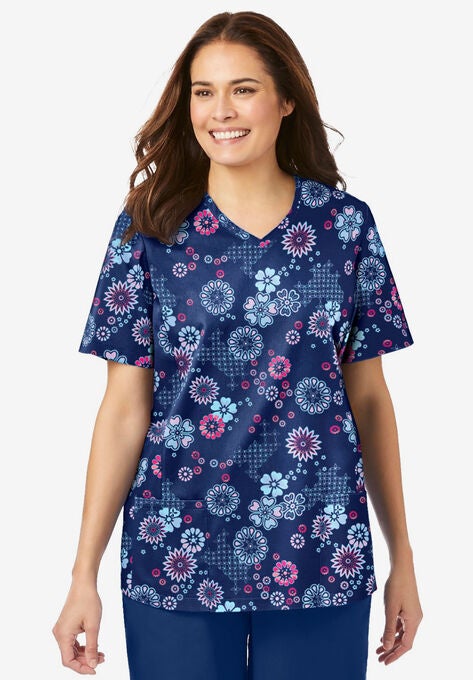 V-Neck Scrub Top, EVENING BLUE FLORAL, hi-res image number null