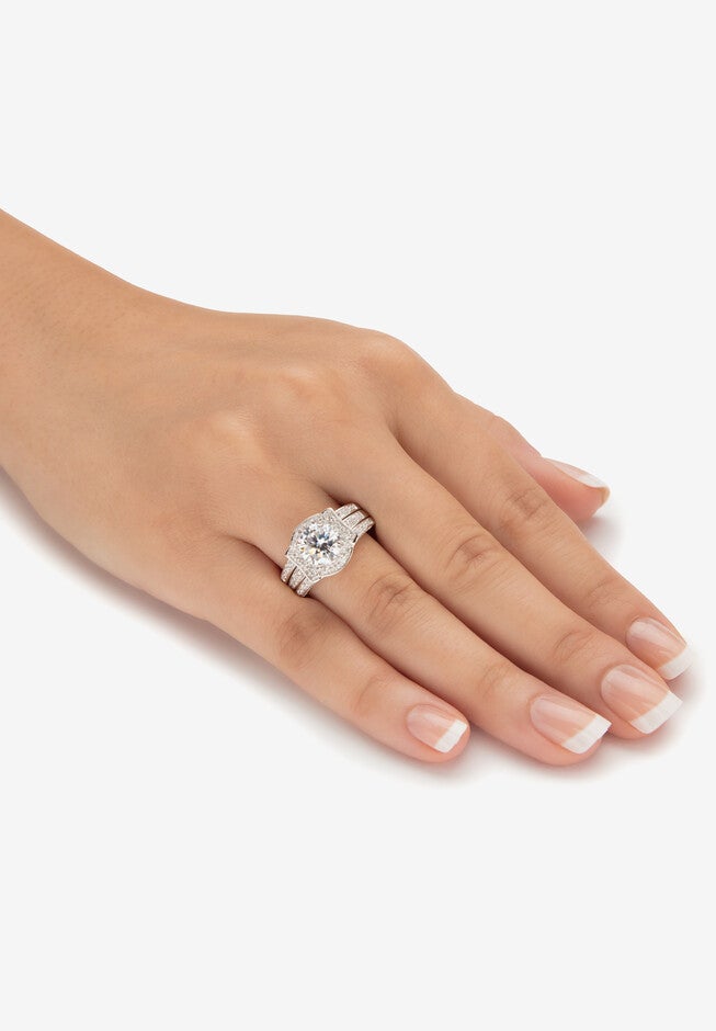 Cubic Zirconia Round Bridal Ring Set in Platinum over Sterling Silver, , alternate image number 2