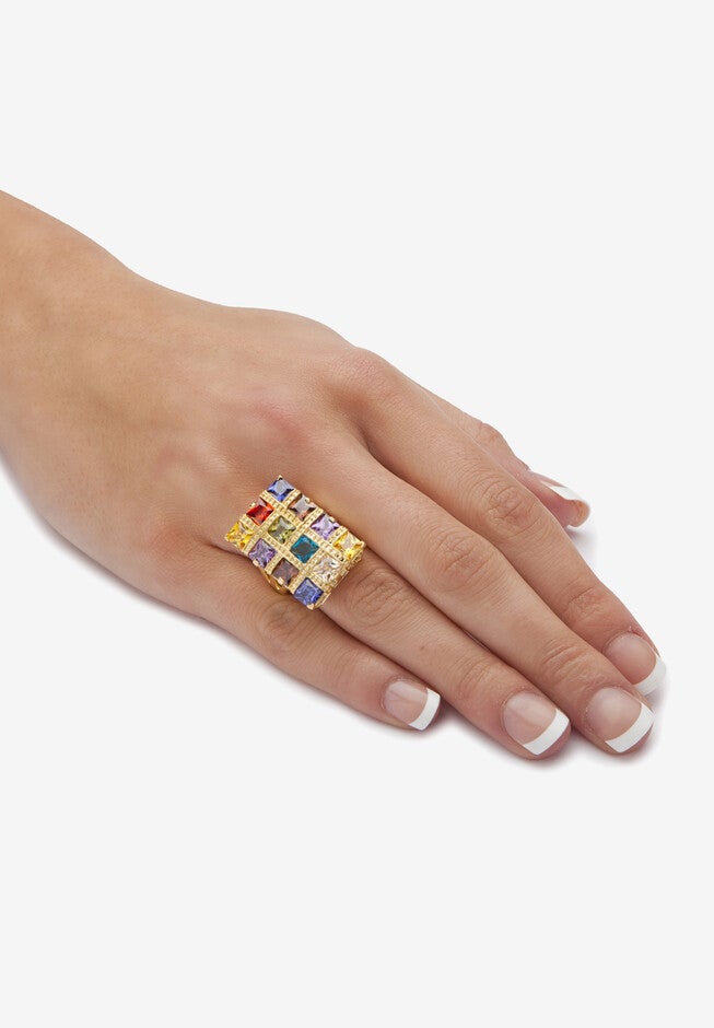 Yellow Gold-Plated Princess Cut Multi-Color Cubic Zirconia Ring, , alternate image number null