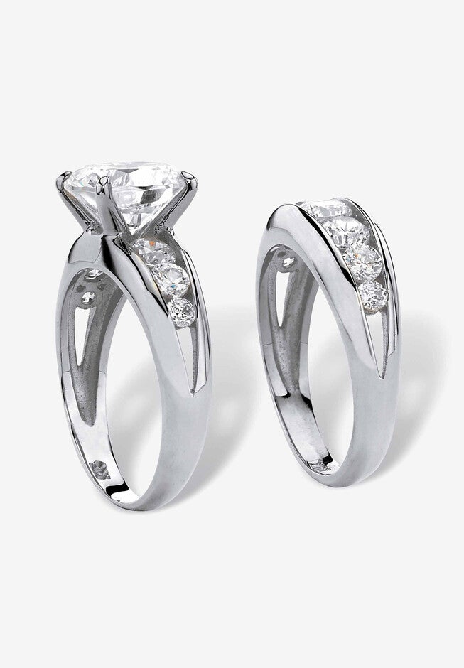 Silvertone Round Cubic Zirconia 2-Piece Channel Set Bridal Ring Set, , on-hover image number 1