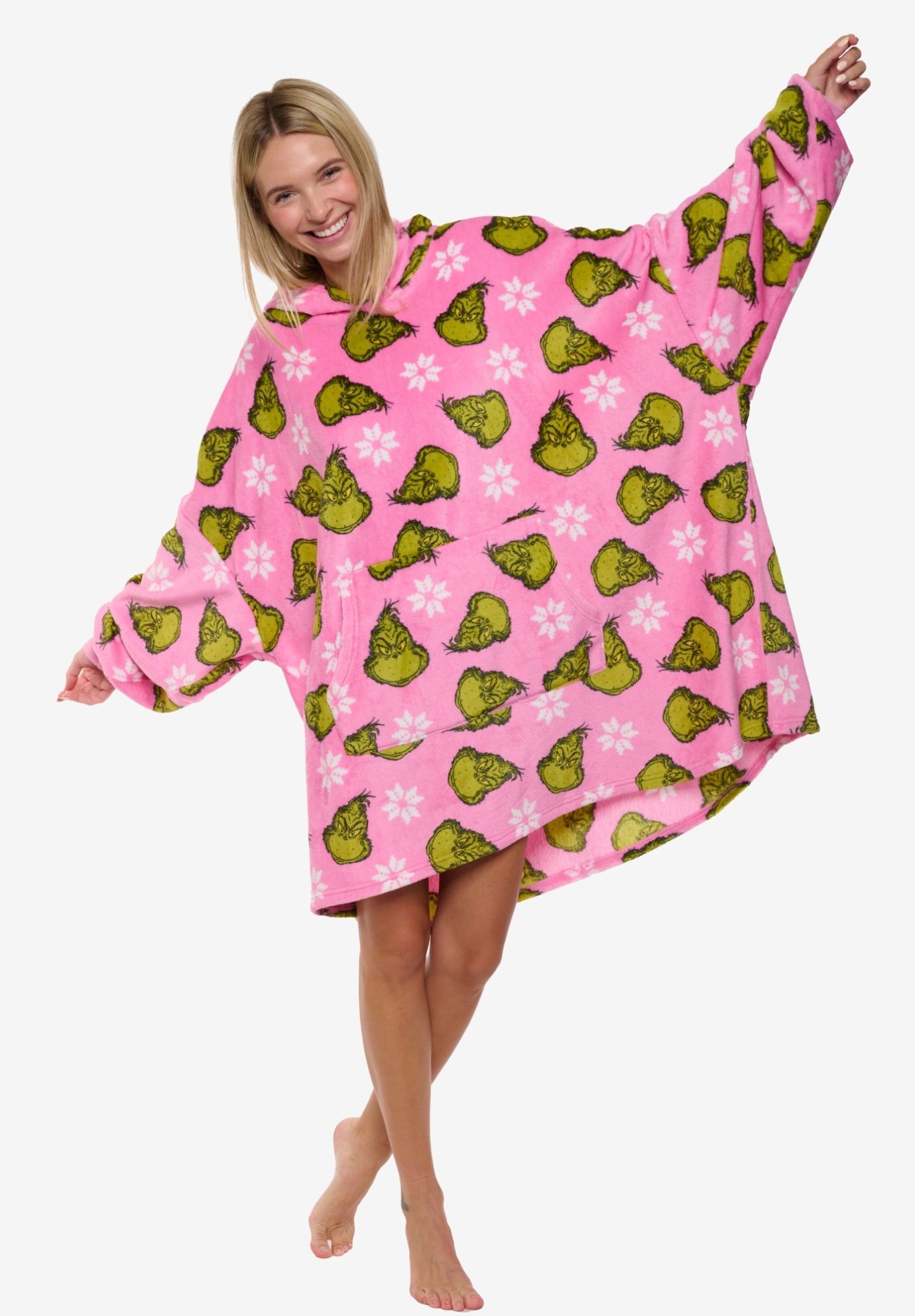 Womens The Grinch Oversized Hoodie Sweatshirt Christmas Pink Green One Size, PINK, on-hover image number 1