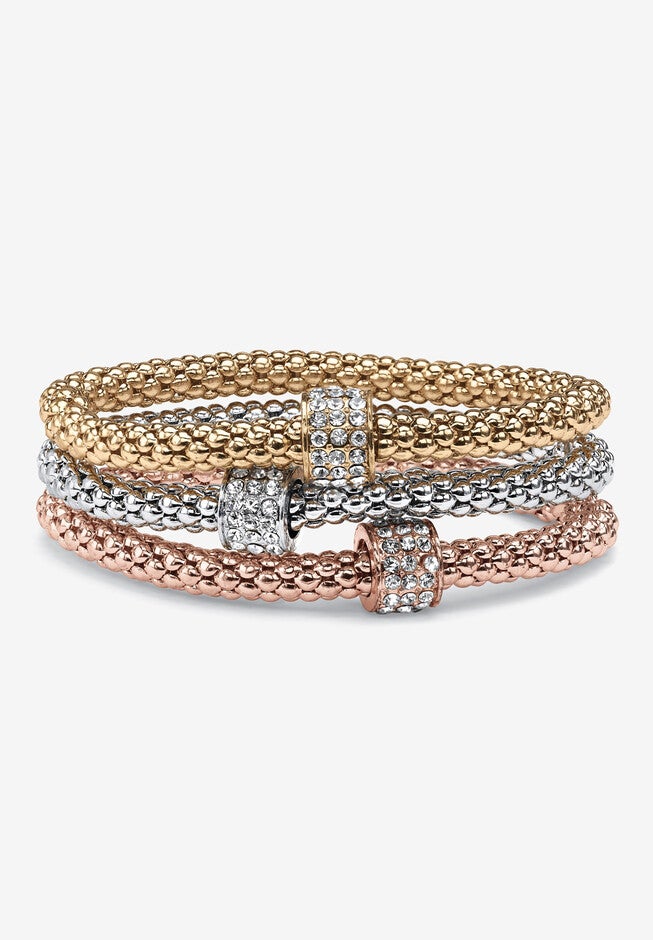 3-Piece Tritone Stretch Bracelet (5.5mm), Round Crystal in Goldtone, GOLD, hi-res image number null