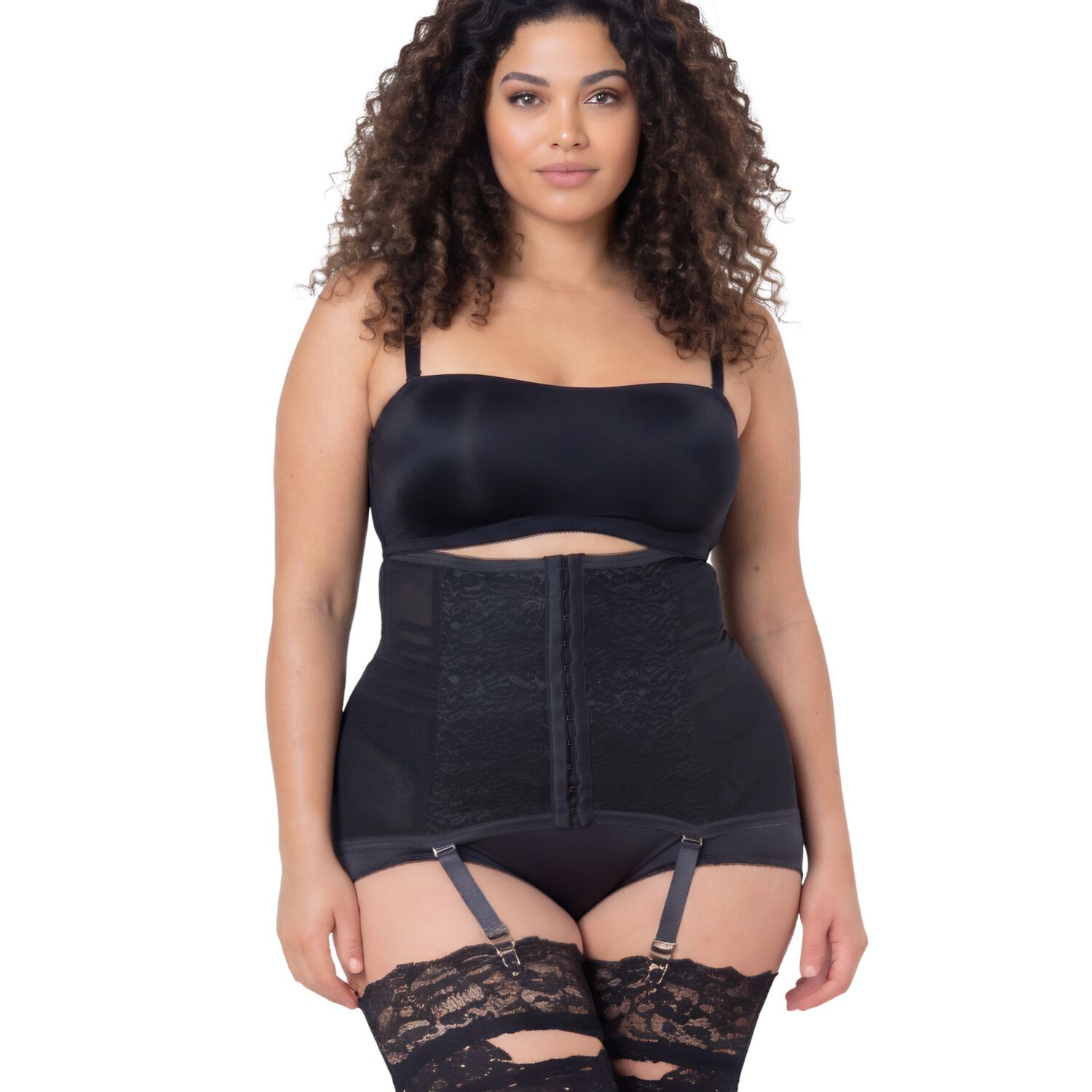 Firm Shaping Waist Trainer with removable garters., BLACK, hi-res image number 0