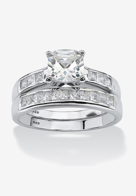 Platinum over Silver Princess Cut Cubic Zirconia Bridal Ring Set, CUBIC ZIRCONIA, hi-res image number null