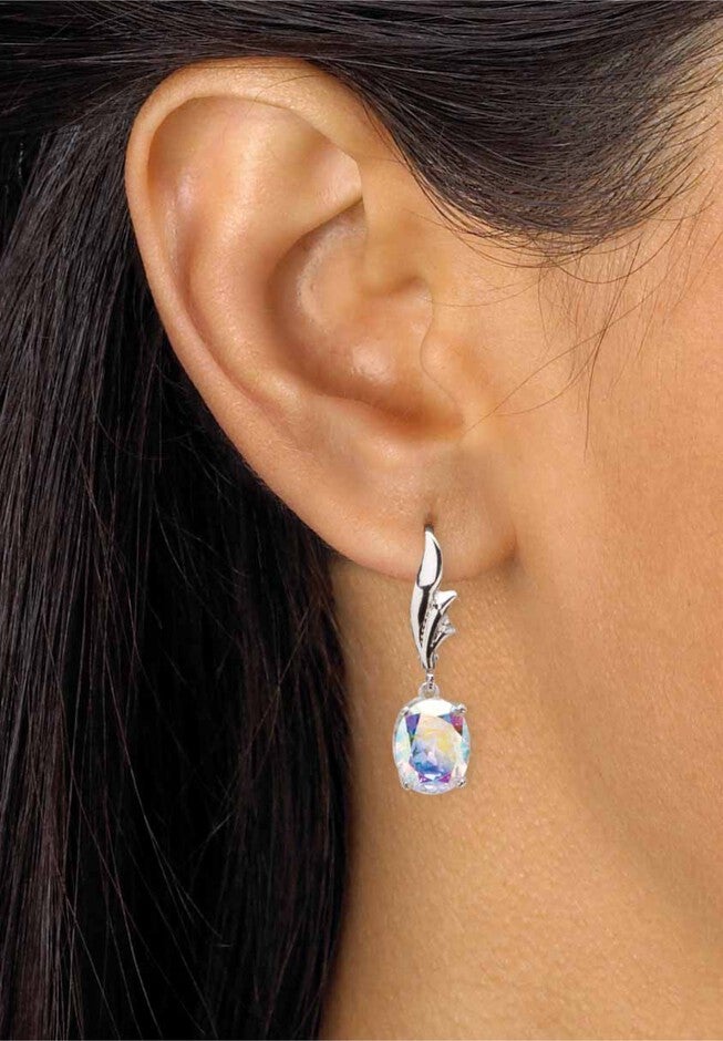 Sterling Silver Drop Earrings, Oval Aurora Borealis Cubic Zirconia, , alternate image number null