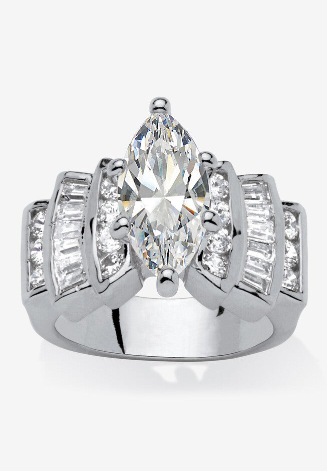 Silver Tone Marquise Cut Engagement Ring Cubic Zirconia, SILVER, hi-res image number 0
