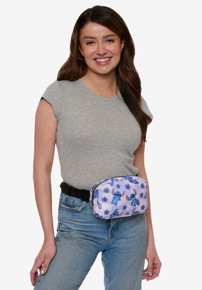 Disney Stitch Belt Bag Belt Bag Crossbody Zippered Floral All-Over Print Blue Faux Leather, , alternate image number null