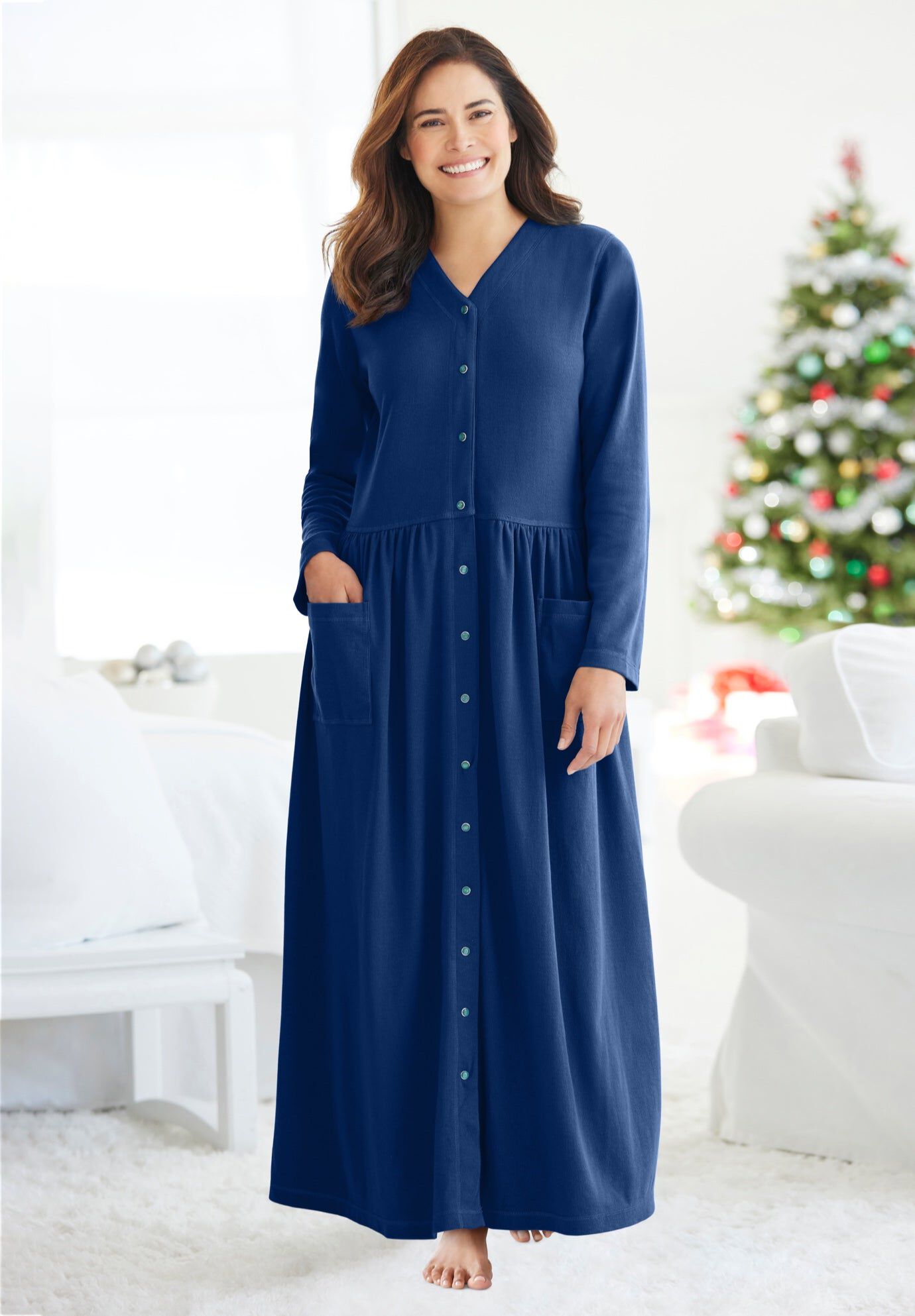 Long Snap-Front Knit Lounger, EVENING BLUE, hi-res image number 0