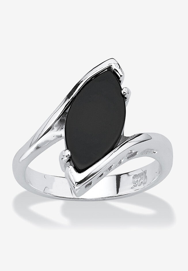 Sterling Silver Natural Black Onyx Marquise Shaped Bypass Ring, WHITE, hi-res image number 0