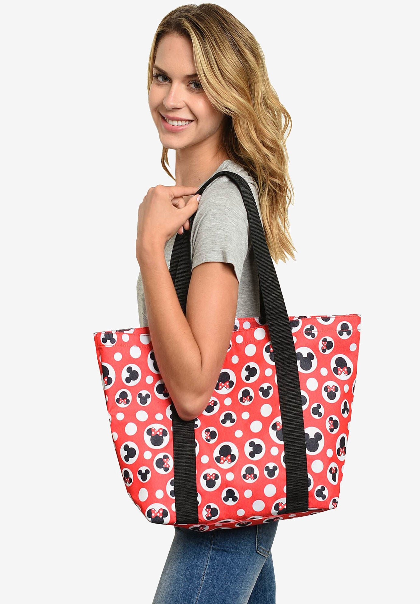 Disney Mickey & Minnie Mouse Women&#39;s Zip Tote Bag, RED, hi-res image number 0