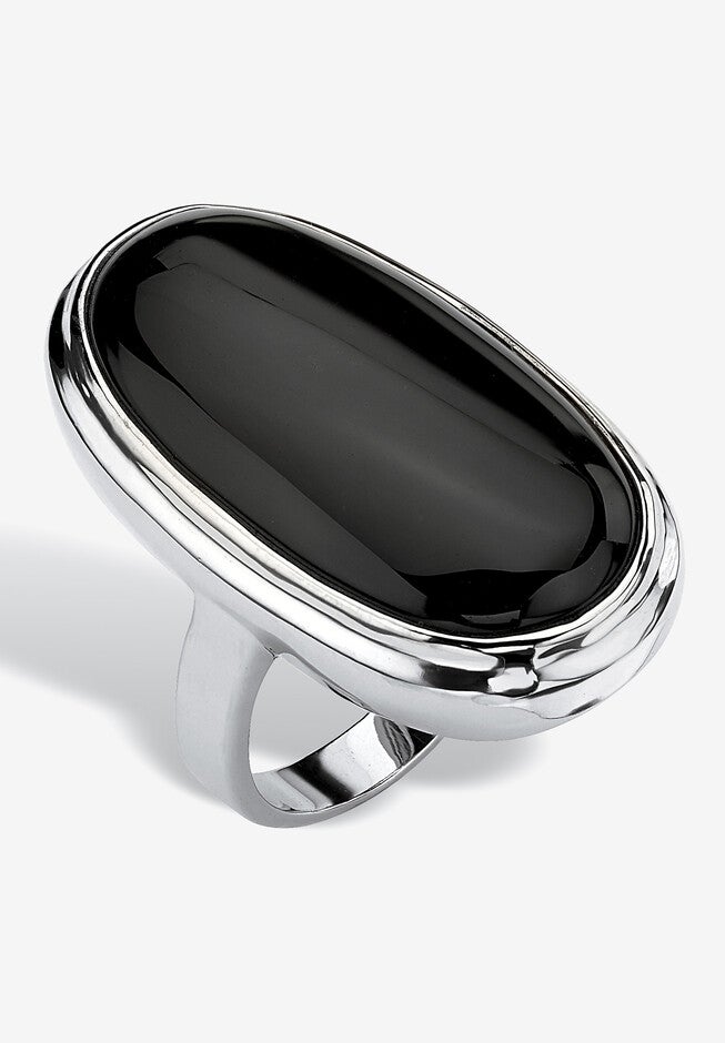 Silvertone Oval-Cut Natural Black Onyx Cabochon Ring, ONYX, hi-res image number 0