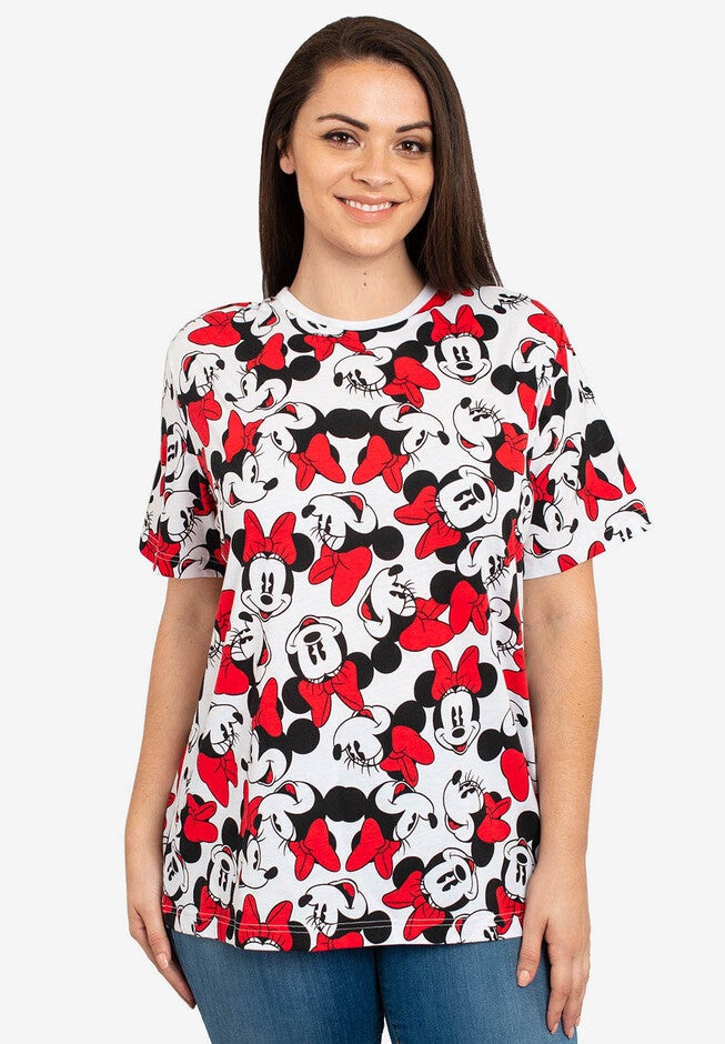 Disney Women's Minnie Mouse Faces Red Bows All-Over Print T-Shirt White, WHITE, hi-res image number 0