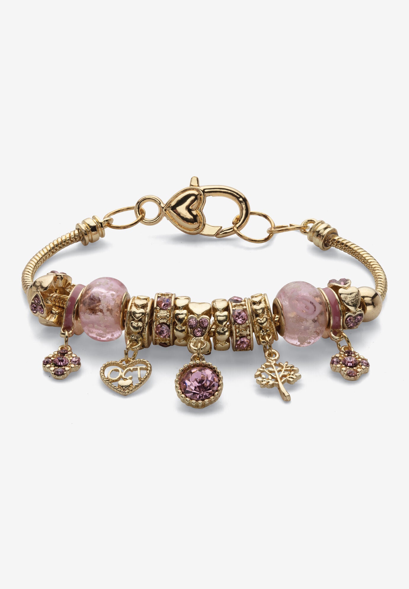 Goldtone Antiqued Birthstone Bracelet (13mm), Round Crystal 8 inch Adjustable, OCTOBER, hi-res image number 0