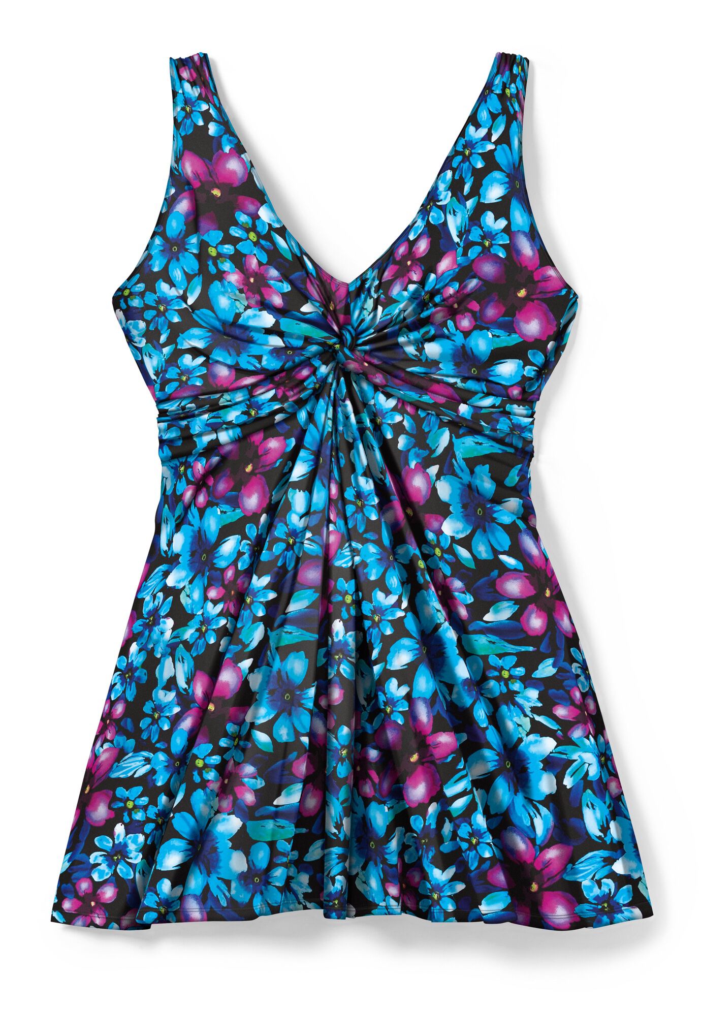 Twist-Front V-Neck Tummy Control A-Line Swim Dress, PURPLE MULTI FLORAL, alternate image number 3