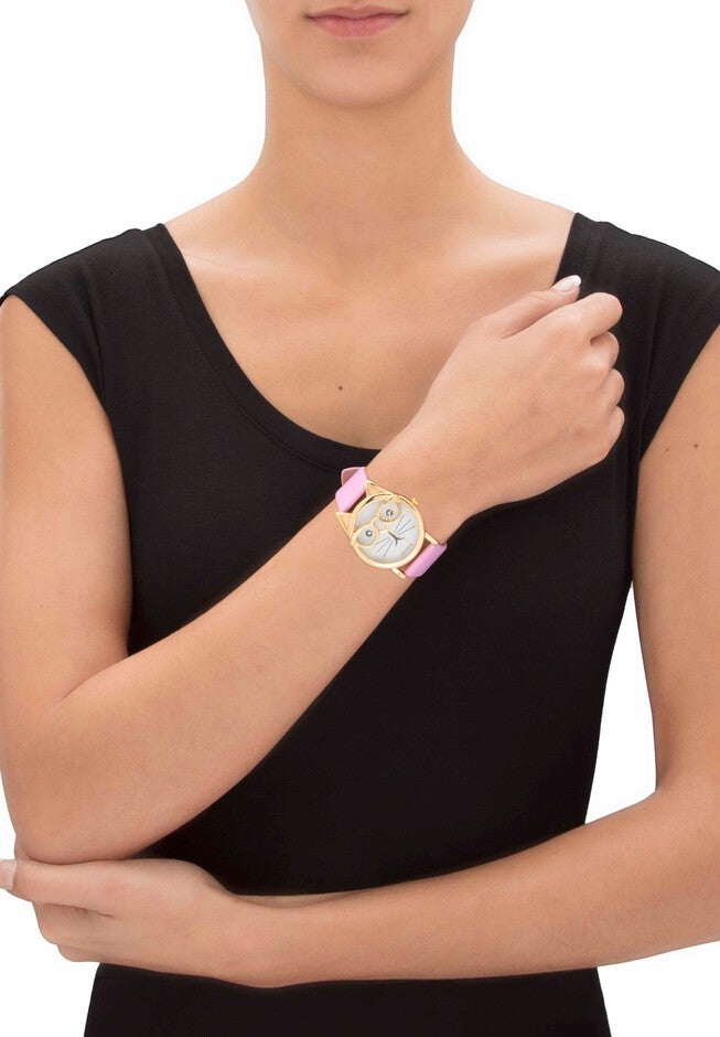 Gold Tone Crystal Bowtie Cat Watch with Adjustable Pink Strap, 8 inches, , alternate image number 2