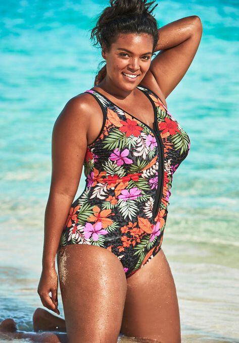Zip-Front One Piece with Front Zipper, MULTI FLORAL, hi-res image number null