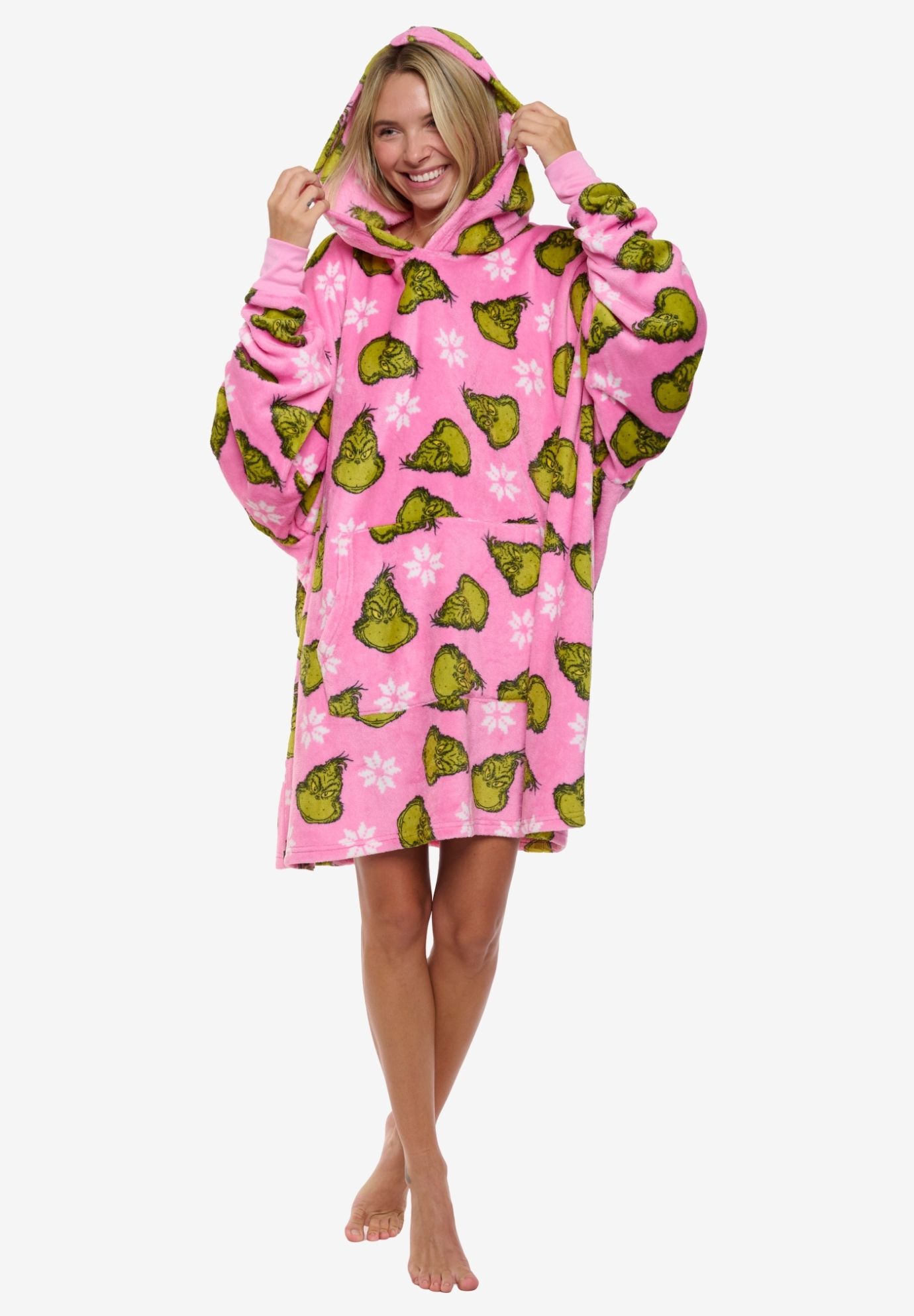 Womens The Grinch Oversized Hoodie Sweatshirt Christmas Pink Green One Size, PINK, alternate image number 2