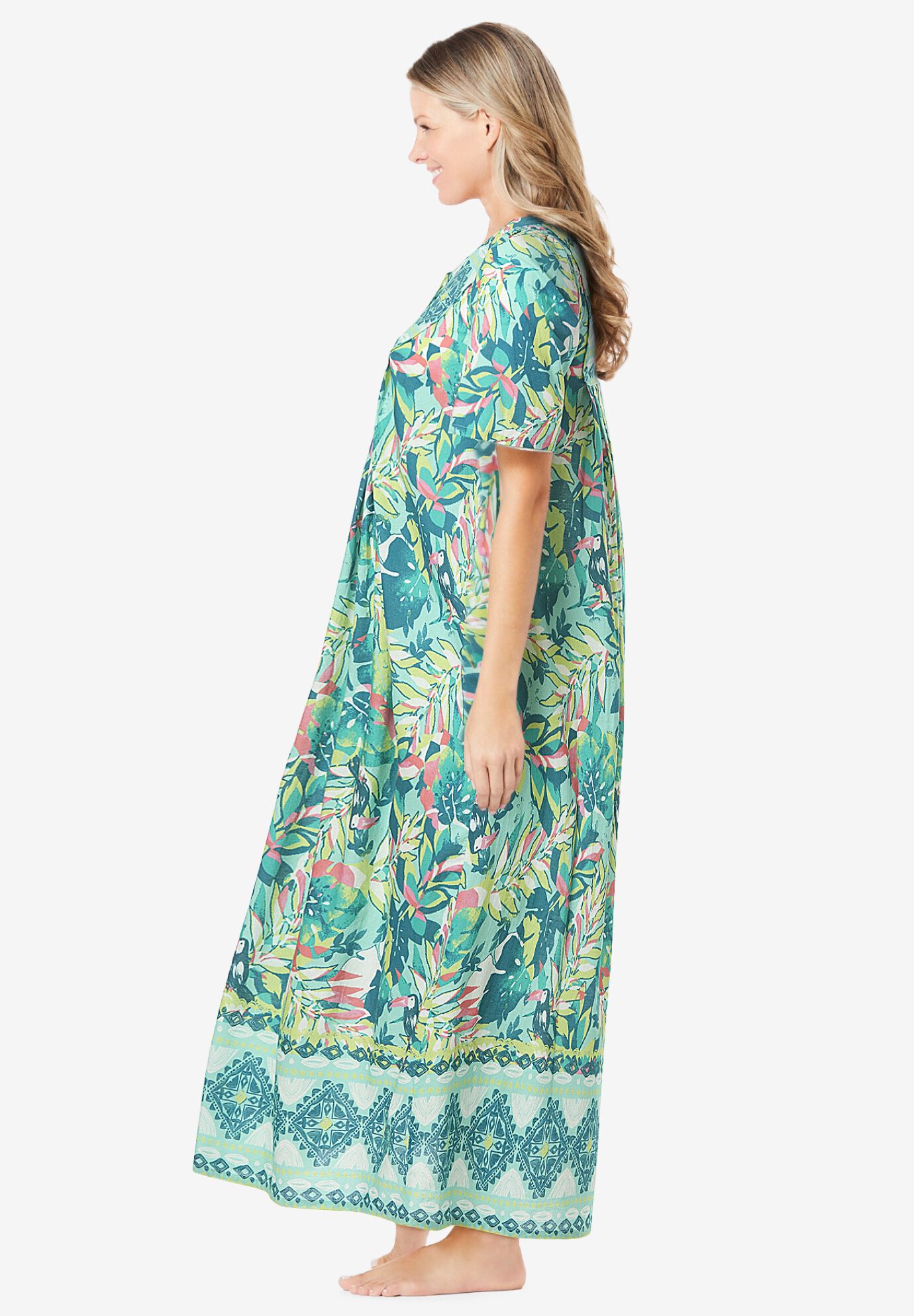 Bib-Front Short Sleeve Maxi Lounger, ISLAND AQUA TROPICAL, alternate image number 2