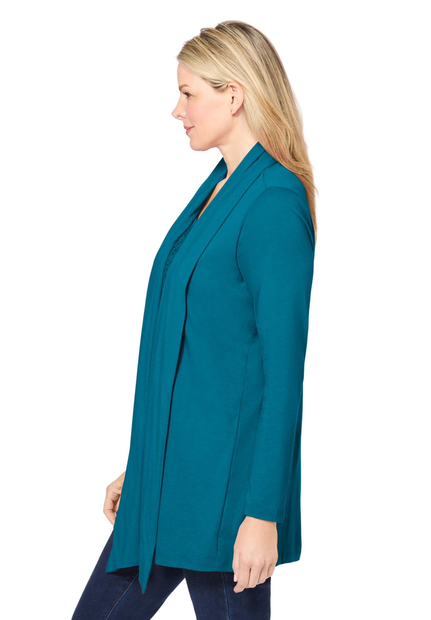 2-Fer Cardigan & Attached Lace Tunic, DEEP TEAL, alternate image number 2