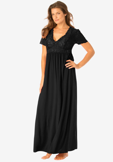 Long Lace Top Stretch Knit Gown, BLACK, hi-res image number null