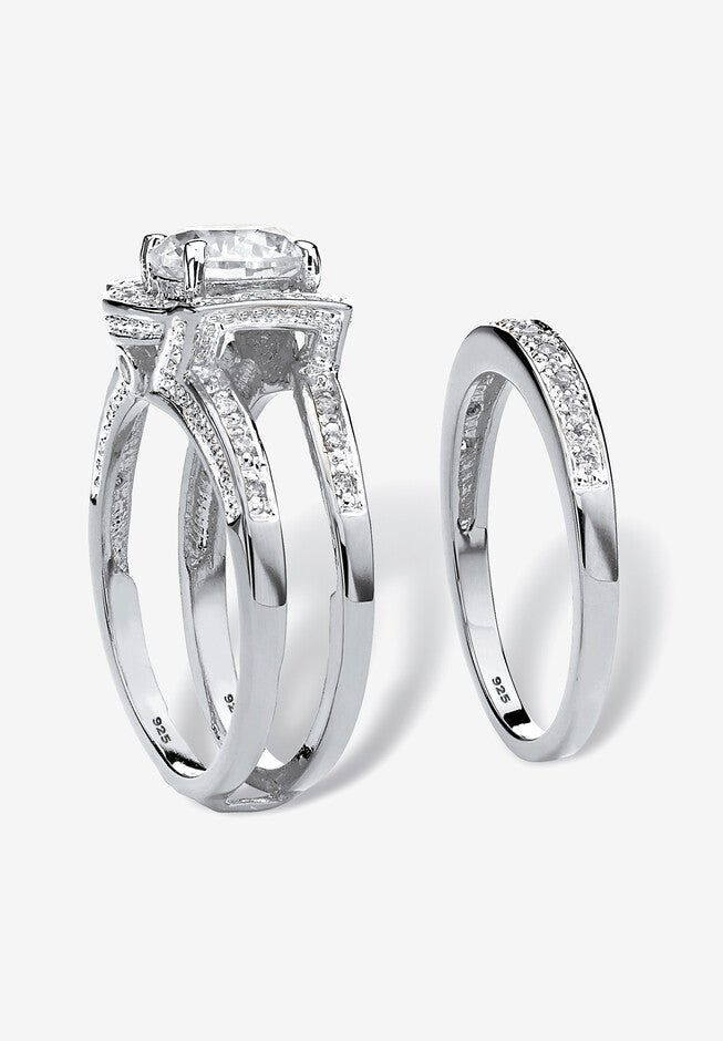 Cubic Zirconia Round Bridal Ring Set in Platinum over Sterling Silver, , on-hover image number 1