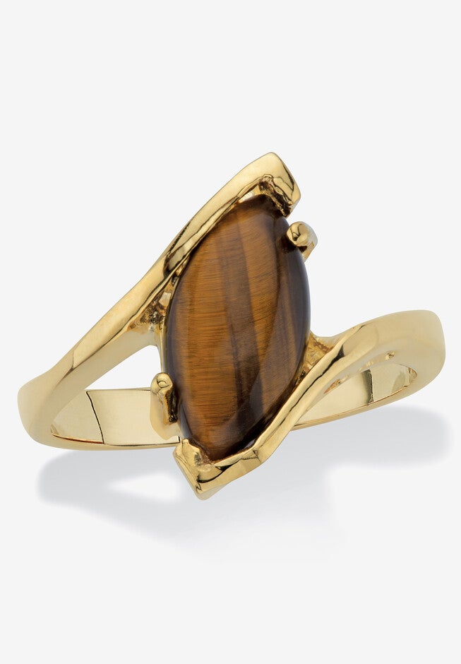 Yellow Gold-Plated Genuine Brown Tiger'S Eye Bypass Ring, BROWN, hi-res image number null