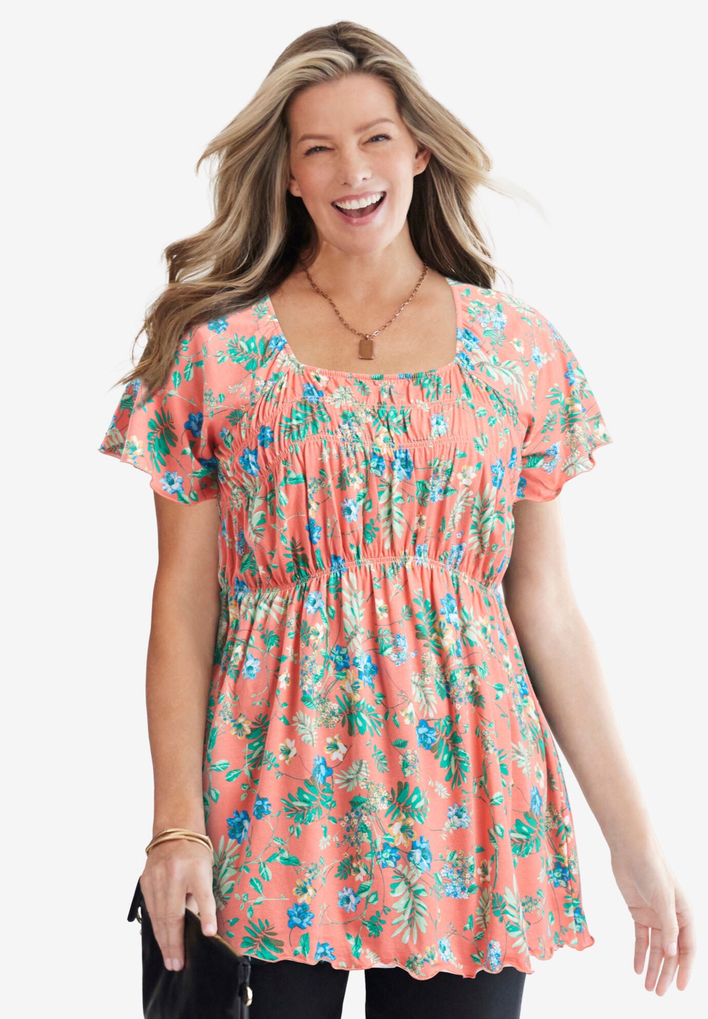 Empire Waist Tunic, SWEET CORAL PRETTY FLOWERS, hi-res image number 0