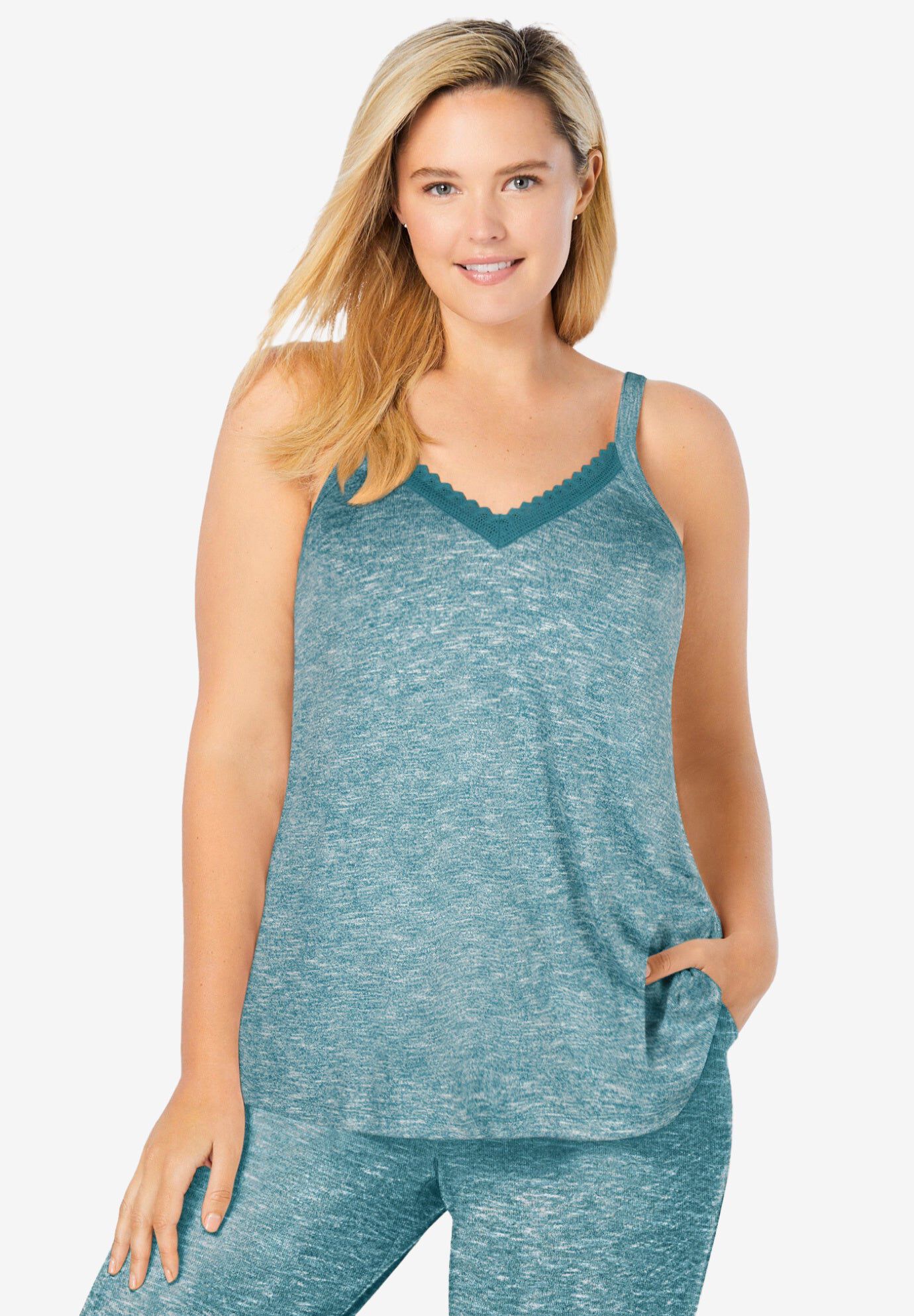 Marled Lace-Trim Sleep Tank, DEEP TEAL MARLED, hi-res image number 0