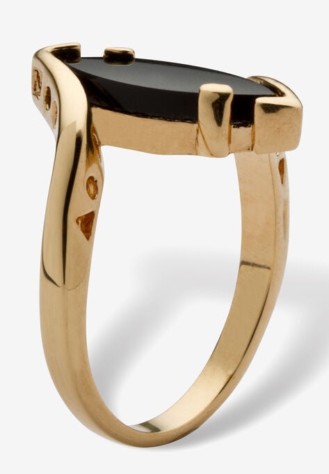 18k Yellow Gold-Plated Natural Black Onyx Marquise Shaped Bypass Ring, , on-hover image number null