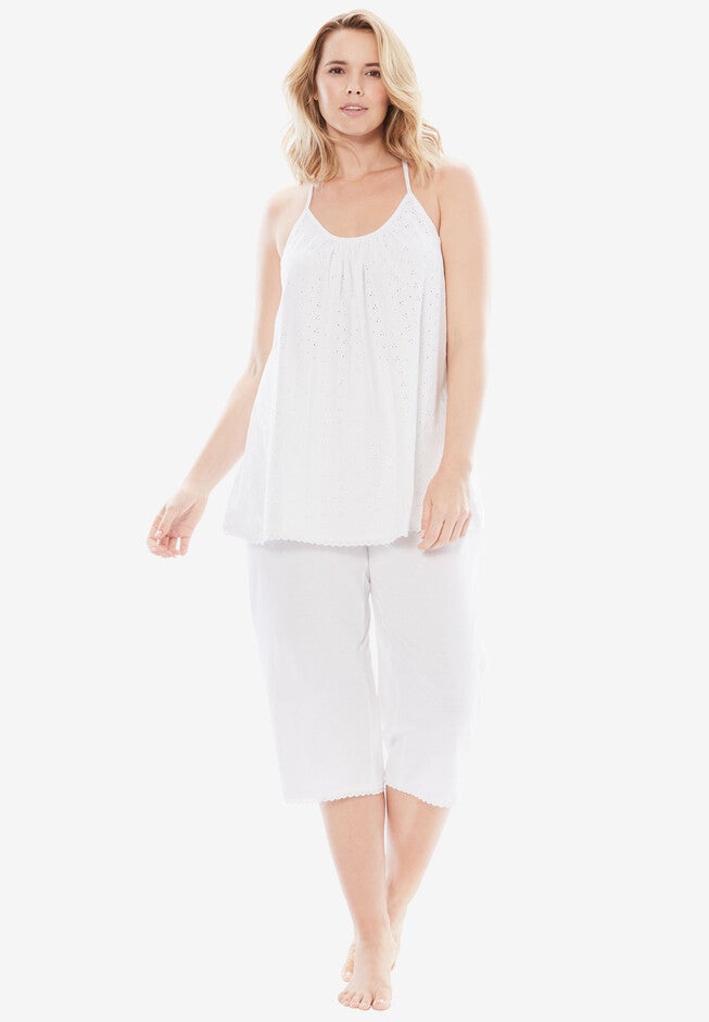Breezy Eyelet Knit Tank & Capri PJ Set , WHITE, hi-res image number null