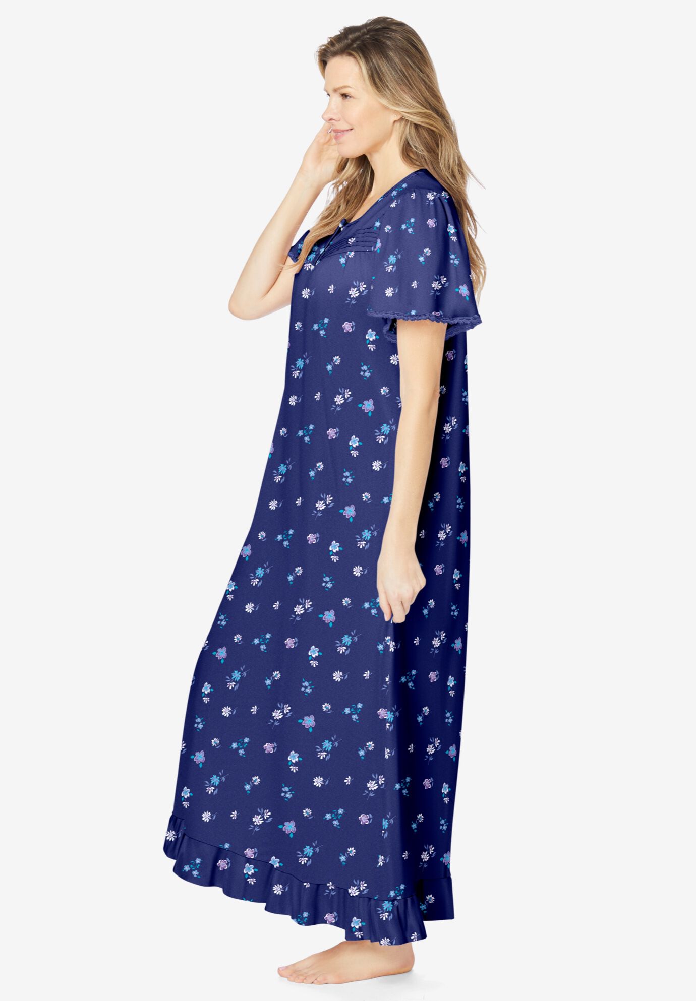 Long Floral Print Cotton Gown, EVENING BLUE FLOWERS, alternate image number 2