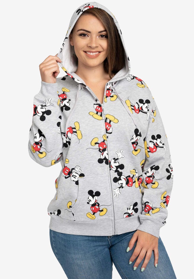 Women's Plus Size Disney Mickey Mouse Zip Hoodie All-Over Print Sweatshirt Gray, , alternate image number null