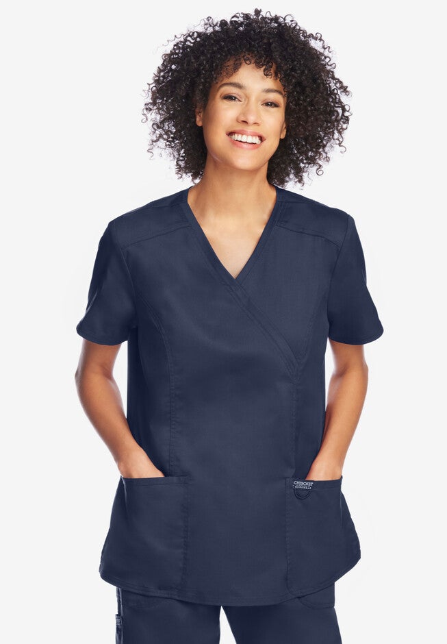 Modern Classic V-Neck Mock Wrap Scrub Top, NAVY, hi-res image number null