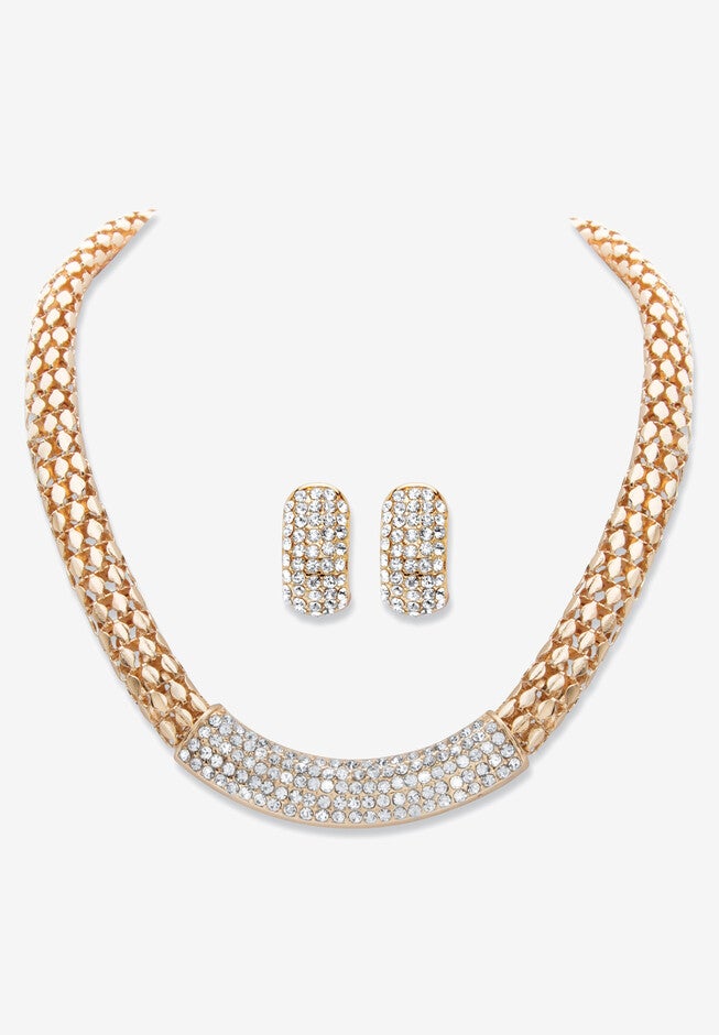 Goldtone Crystal Earring and Choker Necklace Set, 17 - 20 inches, CRYSTAL, hi-res image number null