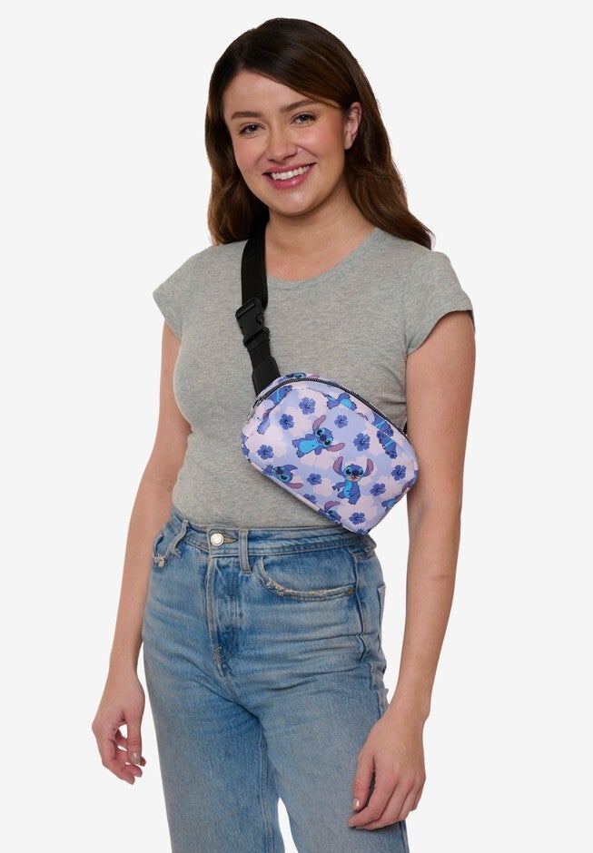 Disney Stitch Belt Bag Belt Bag Crossbody Zippered Floral All-Over Print Blue Faux Leather, , alternate image number null