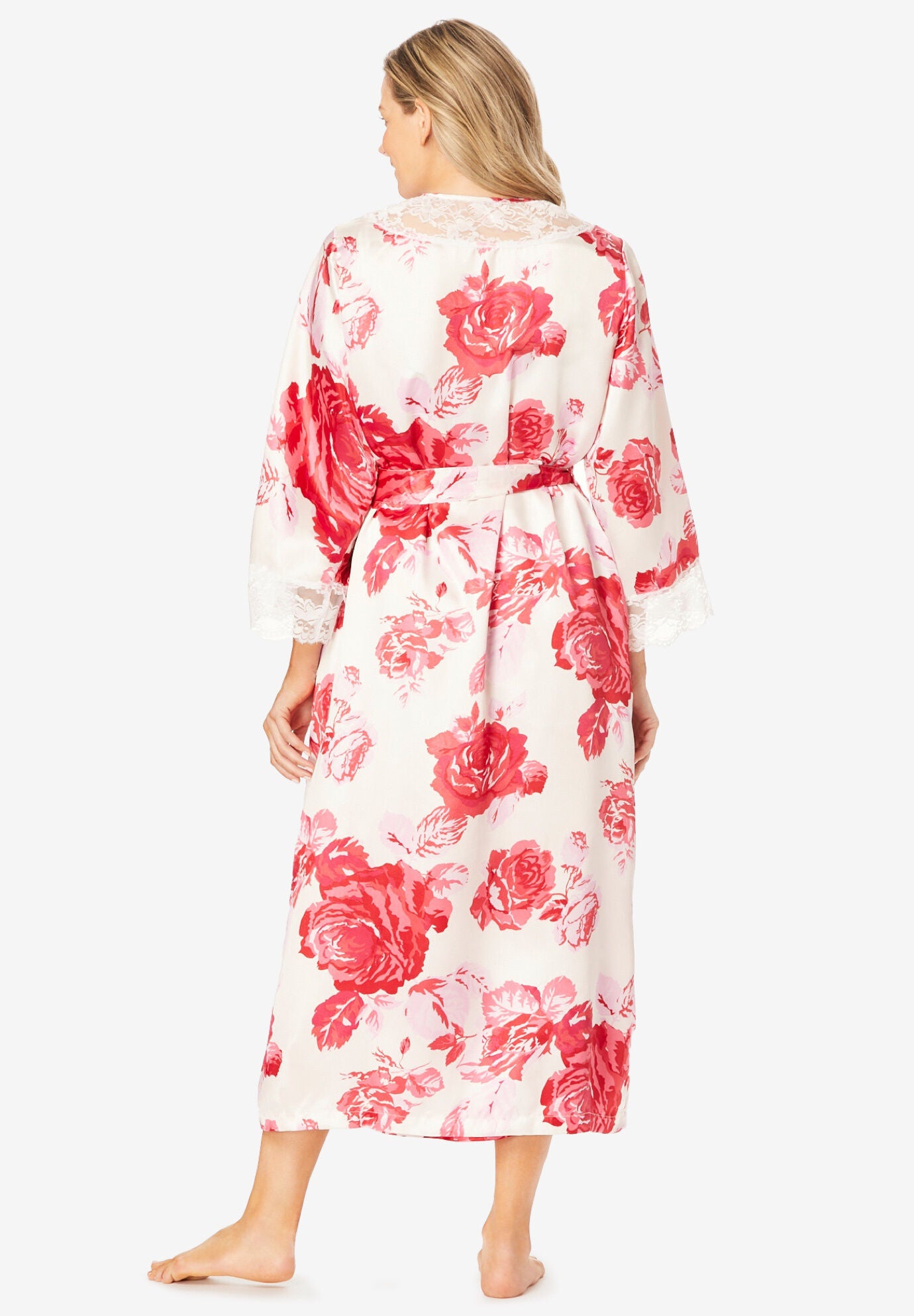 Romantic Satin Peignoir Set Long Luxe Style Ivory Roses Ellos