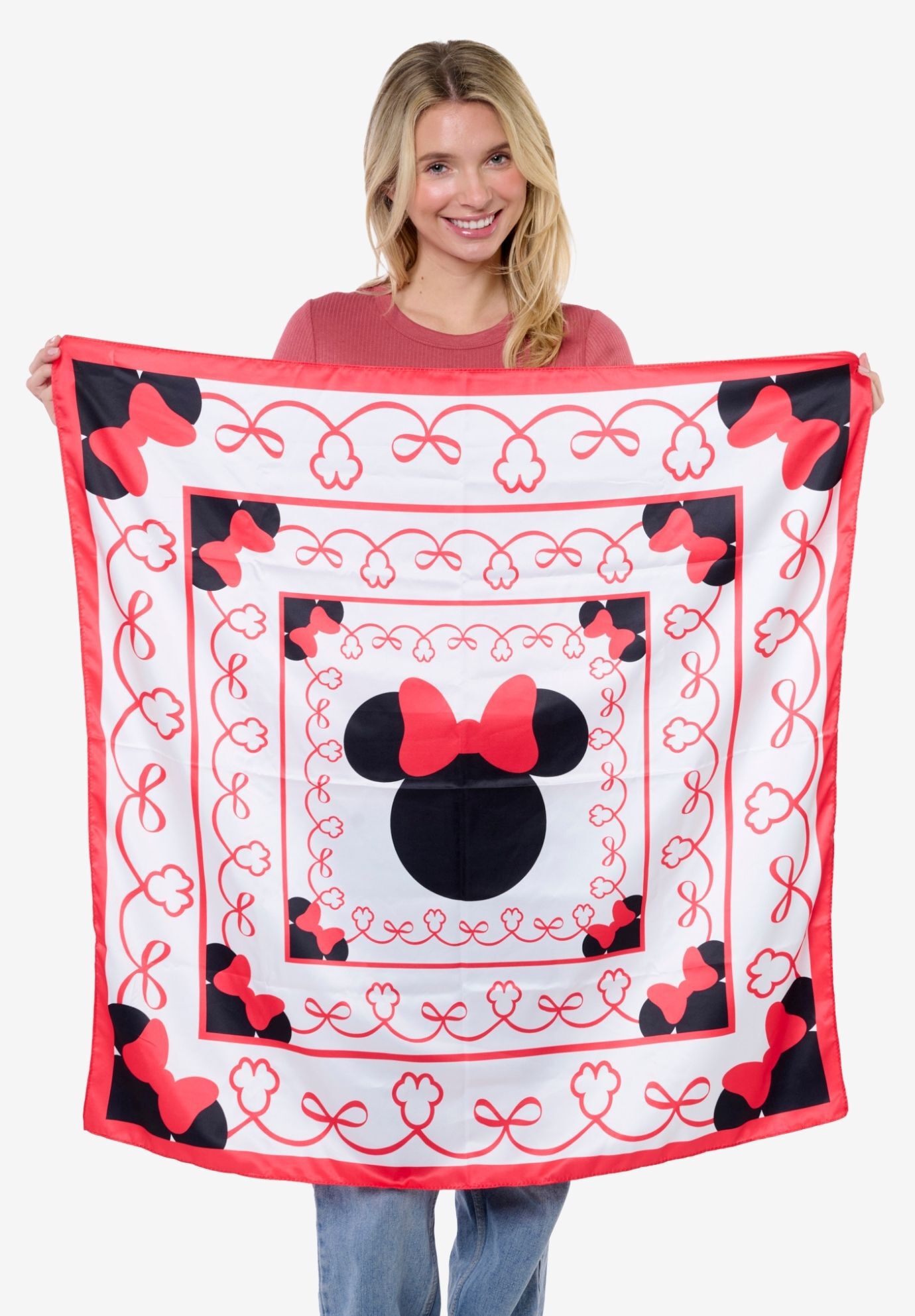 Disney Minnie Mouse 35 inches x 35 inches Red Bow Silky Square Scarf Neck Scarf Head Wrap, RED, alternate image number 2