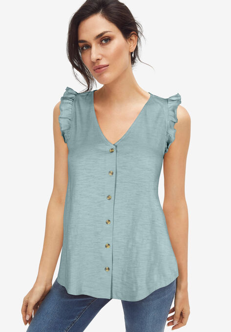 Button-Front Ruffle Sleeve Tank, COOL GREY, hi-res image number null